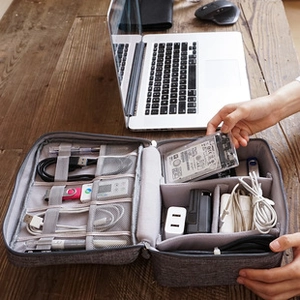 Detail view of double-layer travel electronics organizer with mesh pockets and elastic straps