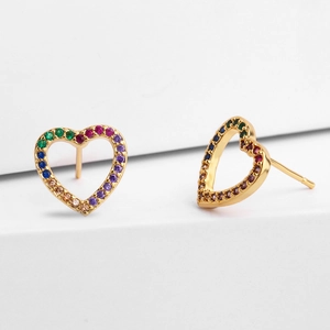 Rainbow heart stud earrings in gold-plated copper with multi-color zircon stones
