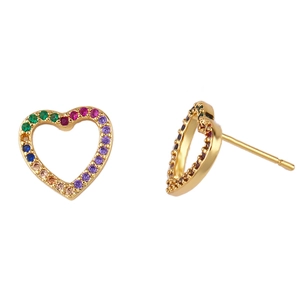 Rainbow cubic zirconia heart stud earrings in gold plated finish with colorful stones