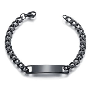 Polished black stainless steel men's ID bracelet with rectangular plate for engraving