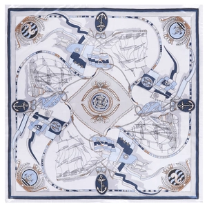 90cm square silk scarf with hand-painted nautical sailing ship pattern on white fabric