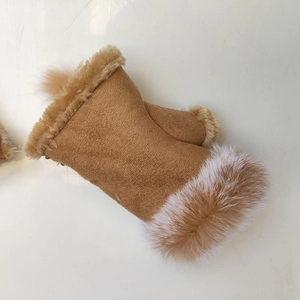 Winter camel faux rabbit fur trim fingerless gloves for typing with suede texture