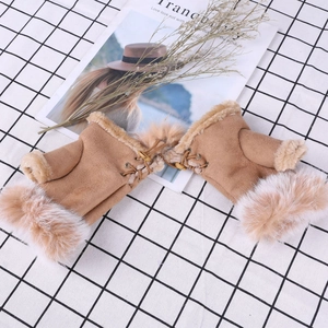 Women's camel faux suede fingerless gloves with fluffy faux fur trim and lace-up detail