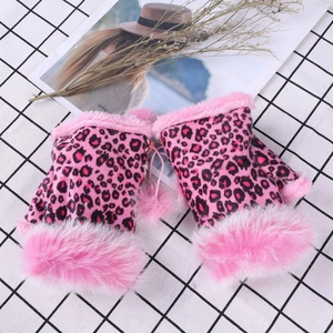 Detail of pink leopard print fingerless gloves with fluffy pompom drawstring decoration