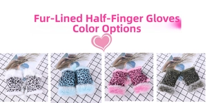 Detail view of leopard print fingerless gloves with faux fur trim in four pastel colors