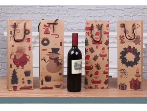 Christmas kraft paper wine bags featuring cartoon Santa Claus and snowman holiday patterns