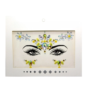 Detailed view of iridescent Face Crystal stickers on white cardstock packaging
