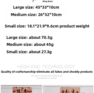 Detailed size chart showing dimensions and weights for large, medium, and small gift bags