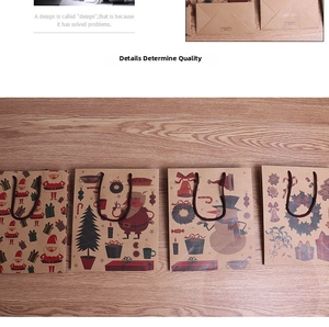 Detail of assorted Christmas kraft paper gift bags with festive holiday patterns and handles