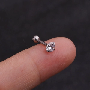 Close-up of a silver stainless steel stud earring with a round cubic zirconia stone