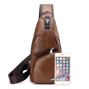 Brown casual men's sling bag with USB charging port and multiple zipper pockets
