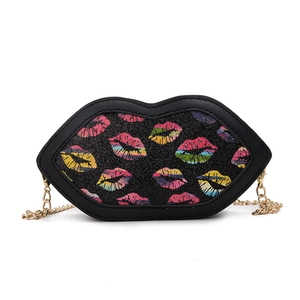 Kids black lip shaped crossbody bag with colorful sequins and golden chain strap