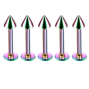 Five rainbow-colored stainless steel labret studs with spike tops on white background