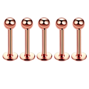 Detail of five rose gold stainless steel lip studs with smooth polished finish