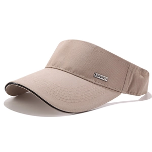 Khaki sports visor hat with metal SPORT emblem and black edge trim for outdoor sun protection