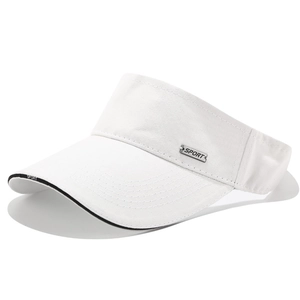 Close-up of white sun visor with silver SPORT metal plate and stitched brim detail