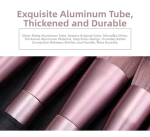 Close-up of thick matte purple aluminum ferrules with stepped pressing process on makeup brushes