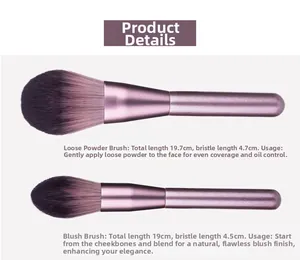 Detail view of purple powder and blush brushes with dimensions on a grey background