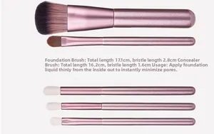 Detailed view of pink makeup brushes showing total length and bristle size specifications