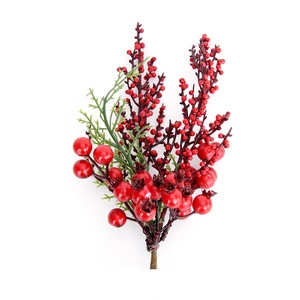 Vibrant artificial red berry picks with green pine needles for Christmas home decor