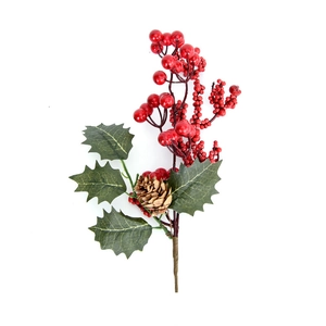 Artificial red berry stems with green leaves and pine cones for Christmas home decor