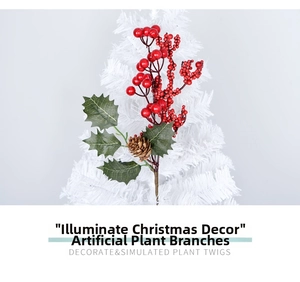 Macro detail of red berries, green holly leaves and pine cone for Christmas decoration