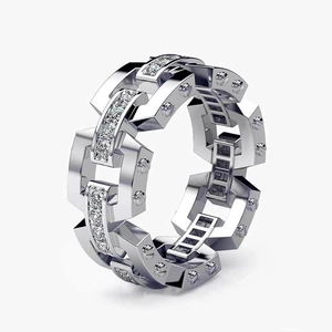 Close-up of geometric chain link ring in silver finish with pavé set zircon stones