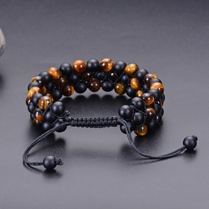 Tiger eye and matte onyx triple-row braided natural stone bead bracelet with adjustable cord