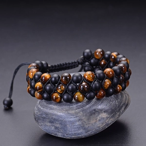 Three-layer lava stone and tiger eye beaded bracelet with adjustable woven cord