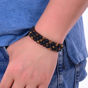 Three-layer braided natural tiger eye and matte black onyx stone bracelet for men