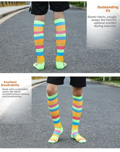 Close-up of colorful rainbow striped athletic tall socks showing breathable knit texture