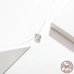 Minimalist 925 sterling silver invisible fishing line necklace with a sparkling cubic zirconia