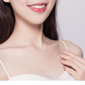 Detail shot of a minimalist S925 silver necklace with a sparkling zircon on a transparent line
