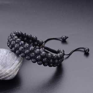 Three-layer lava stone beaded bracelet with adjustable black braided cord for men and women