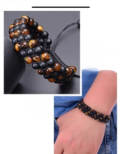 Close-up and on-wrist view of double-layer woven tiger eye and matte agate bead bracelet