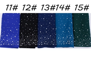 Detail view of colorful pearl-beaded chiffon hijabs in blue, black and green tones