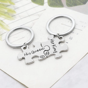 Her King en His Queen puzzel hart sleutelhangers voor koppels in gepolijst zilver