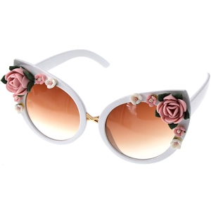 White cat eye sunglasses with 3D floral accents and brown gradient lenses for women