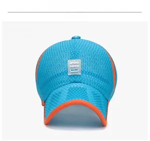 Close-up of blue and orange breathable mesh baseball cap with Sport Fashion logo badge