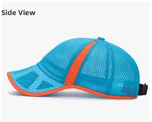 Close-up of breathable mesh baseball cap in blue and orange showing side profile