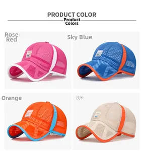 Detail of four breathable mesh baseball caps for kids with Sport Fashion logo patches