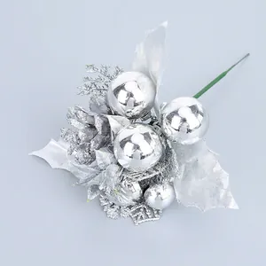 Silver Christmas pick with pine cones, mirror balls, and fabric leaves for holiday decor