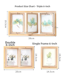 Size chart showing 6-inch Nordic wooden rotating photo frame dimensions for single and triple sets