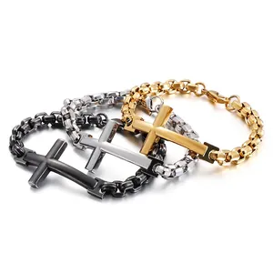 Bracelet Croix En Acier Inoxydable Pour Hommes Chaîne Épaisse Bijoux De Mode Religieux Cadeau Pour Petit Ami