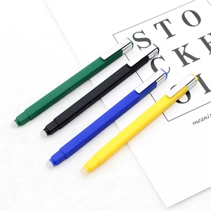 Close-up of four colorful retractable eraser pens in green, black, blue and yellow