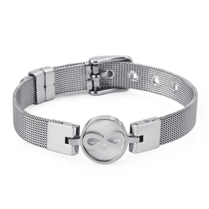 Retro silver mesh strap bracelet with mother-of-pearl infinity symbol charm