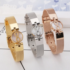 Three-color mesh band bracelets with infinity symbol and mother of pearl inlay