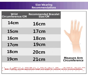 Size guide for crystal heart snake chain bracelet with wrist measurement instructions