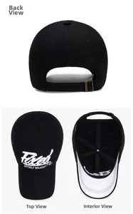 Detail view of adjustable metal buckle and interior structure of black cotton baseball cap