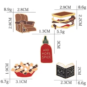 Cartoon enamel brooch set including sofa, fries, and sauce icons with size details